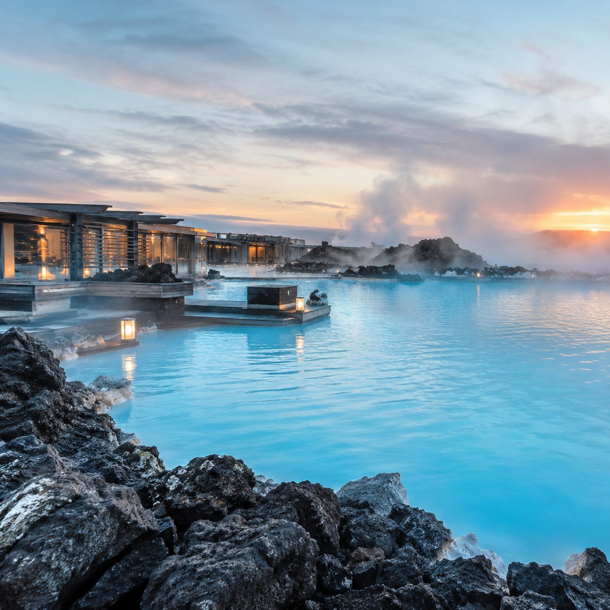 Blue Lagoon geothermal spa at sunset