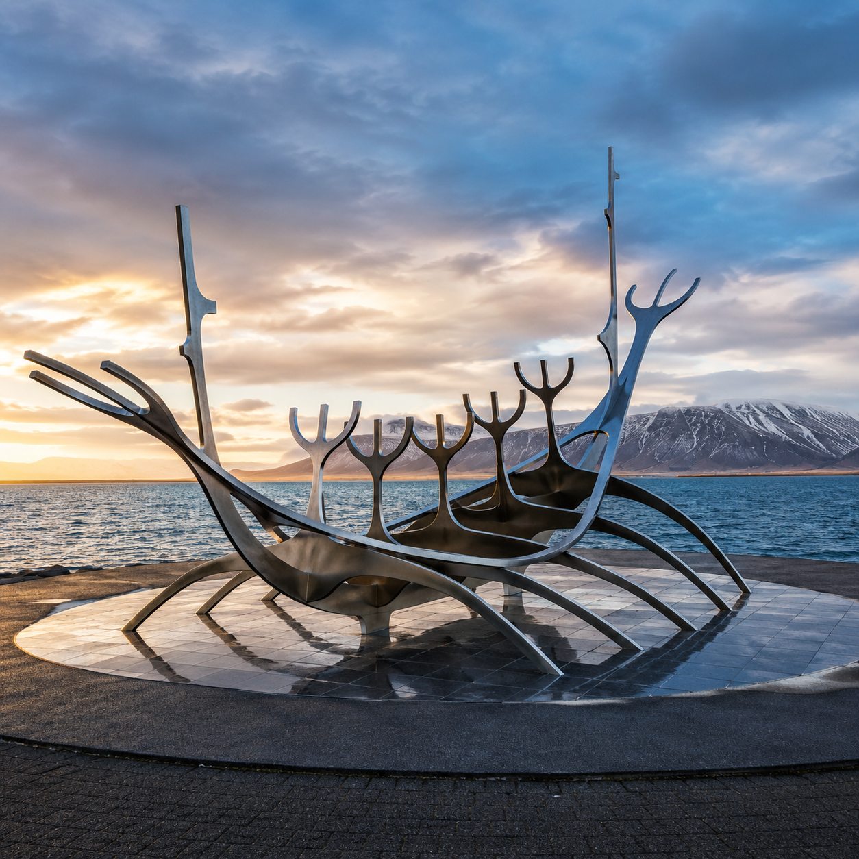 Sun Voyager sculpture at sunset